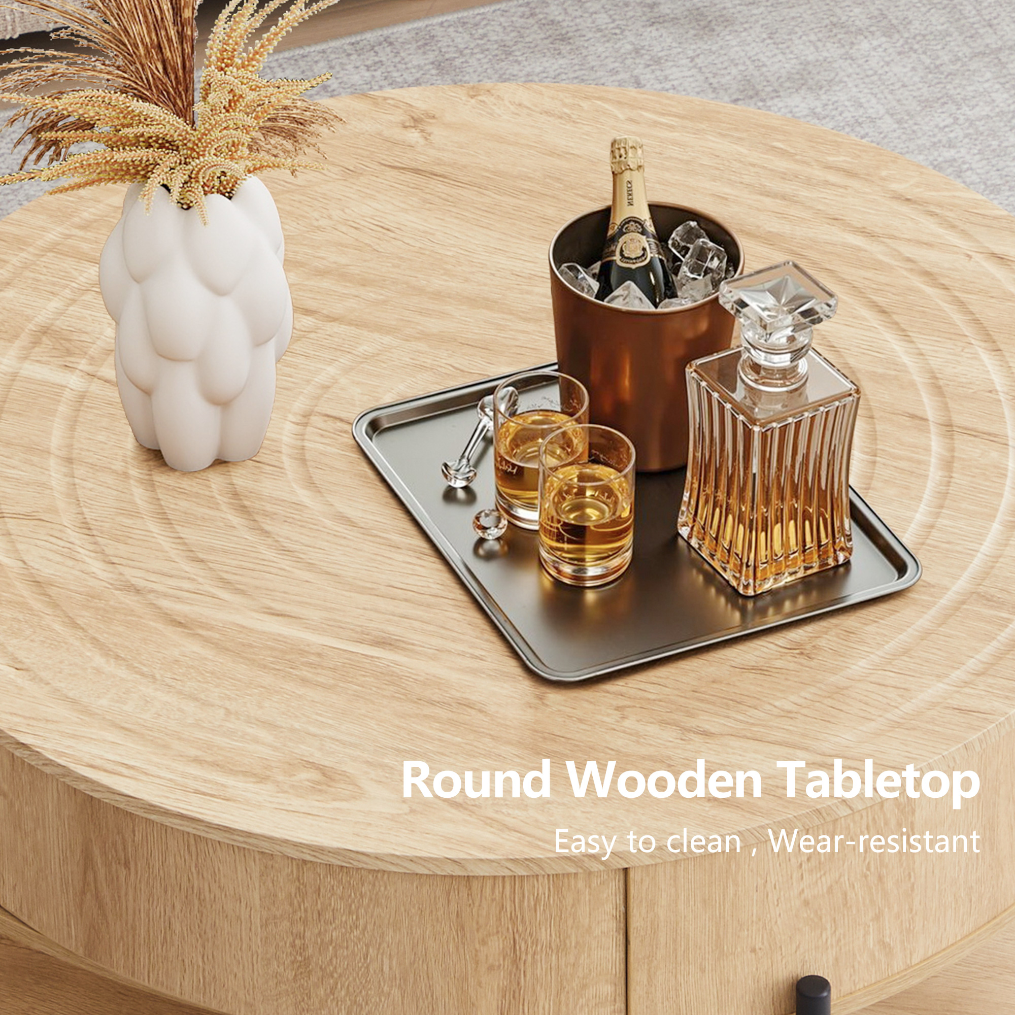 Wirrytor 30" Round Coffee Table with 2 Drawers and Storage Shelf, Modern Farmhouse Tea Table with Natural Tree Rings Top, Natural