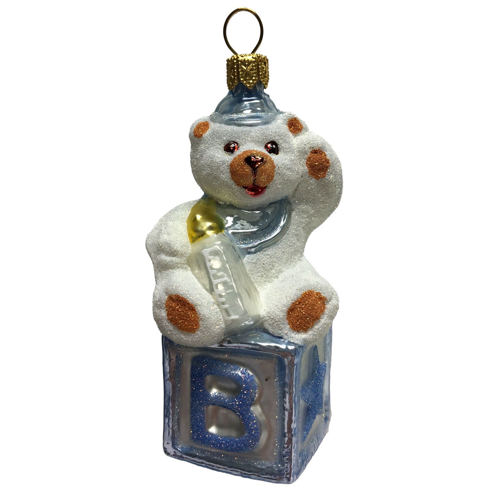 Blue Baby Boy Teddy Bear on Block Polish Glass Christmas Ornament