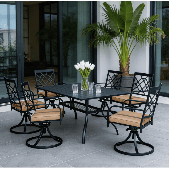SUNCROWN 7-Piece Outdoor Dining Set Metal Swivel Cushioned Chairs Patio Furniture Sets with Steel Slat Bistro Table for Backyard, Lawn, Garden