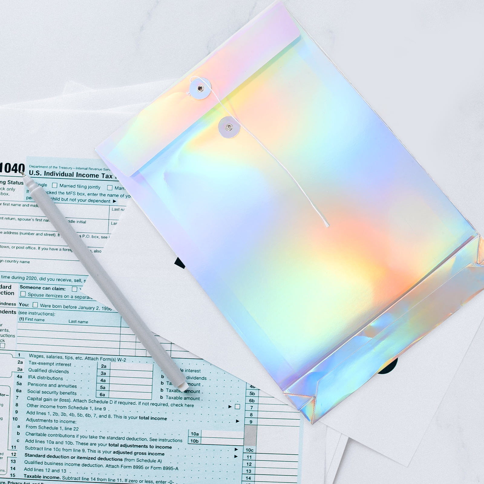 9-Pack Holographic Document Envelopes with Rope Closure, File Folders and Paper File Pockets, Novelty File Bags for Office and School