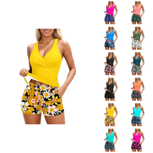 Womens Tankini Swimsuits 2026 Fashion Modest Deep V Neck Crossover Top with Swim Shorts Two Piece Bathing Suits Woman