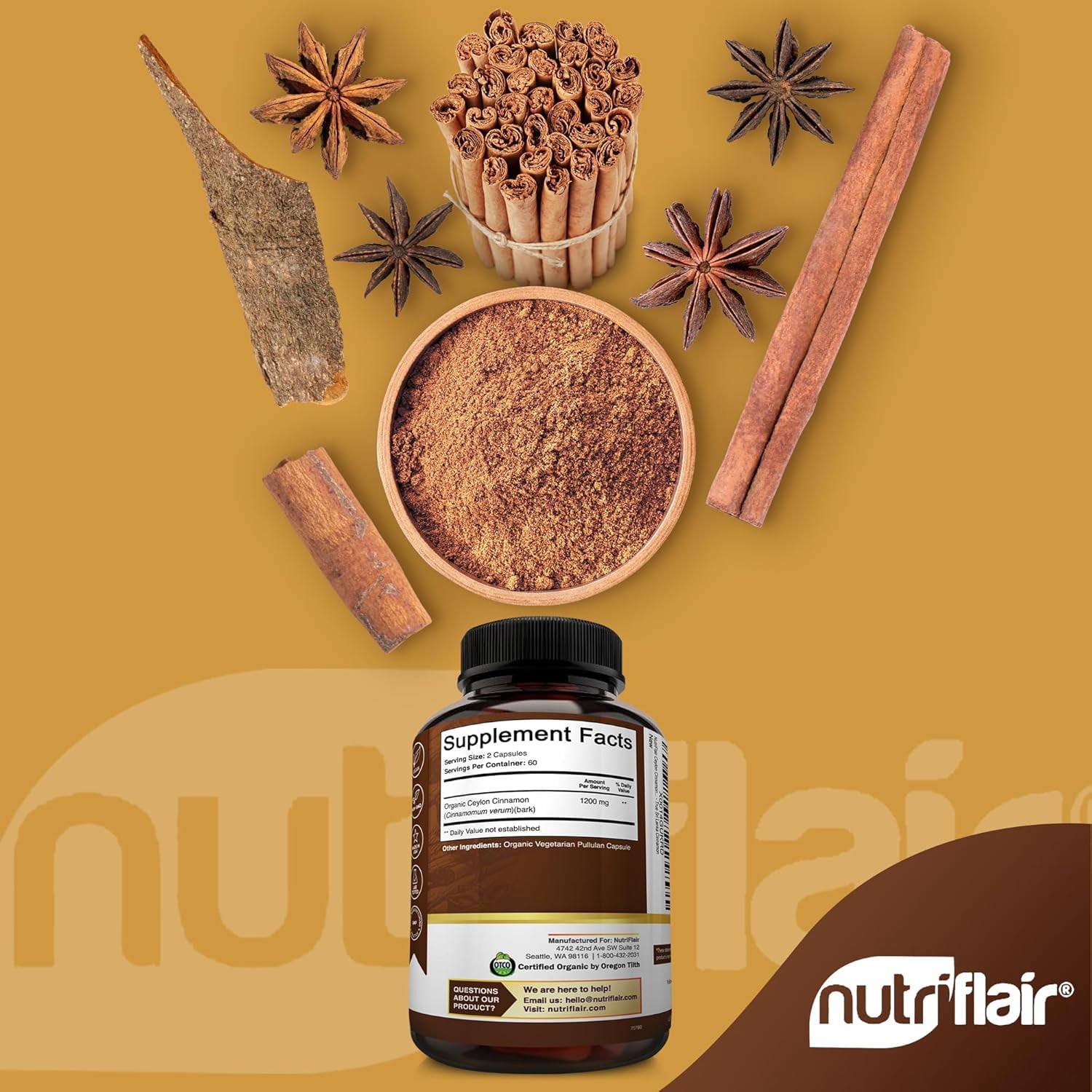 NutriFlair Organic Ceylon Cinnamon 1200mg per Serving Dietary Supplement, 120 Capsules