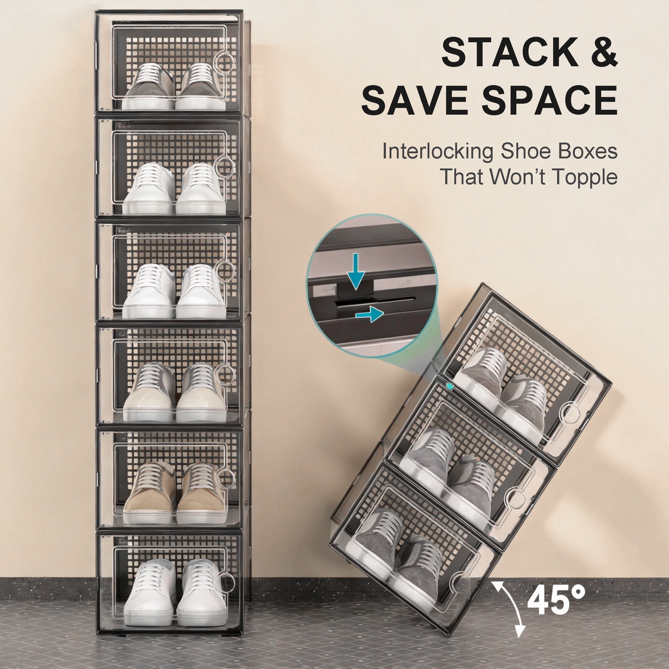 GARITIN Stackable Shoe Storage Boxes 12 Pack, Clear Plastic Sneaker Containers, Shoe Rack & Holder Substitute, Versatile Storage Bins for Closet, Entryway, Under Bed, Black