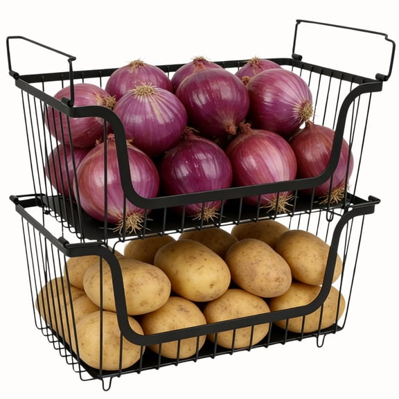 Pethiy 2-Pack Onions & Potatoes Storage Baskets, Stackable Metal Wire Organizer with Handles, Multi-Purpose Kitchen Pantry Produce Storage for Root Vegetables