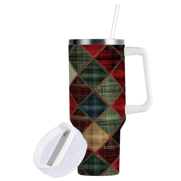Yayeee 40oz Stainless Steel Tumbler with Straw and Handle Double-Wall Insulated Travel Water Bottle, Dark Tartan Pattern