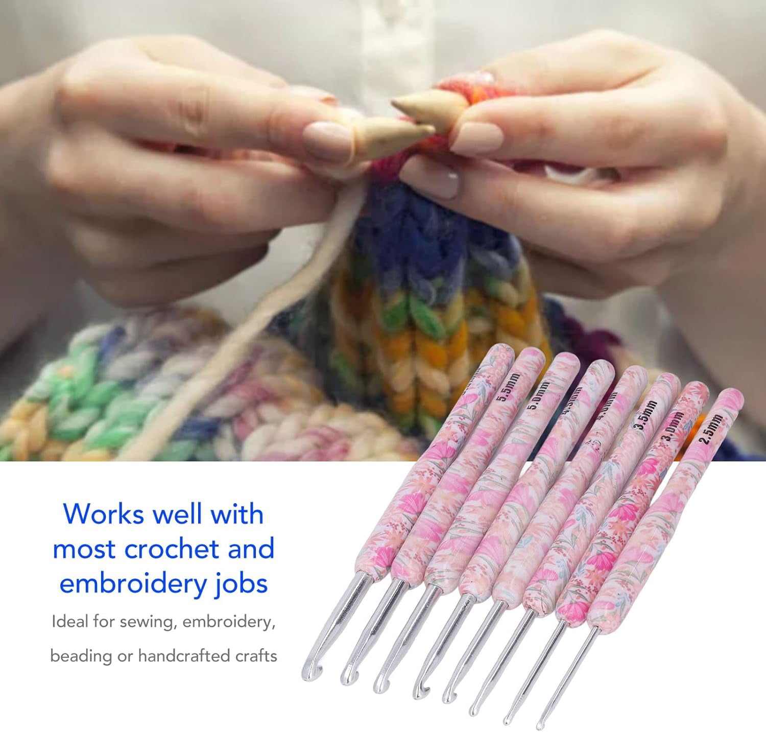 8Pcs Crochet Hook Set, Ergonomic Soft Grip Handles Yarn Knitting Needles for Arthritic Hand (Smash Flower)