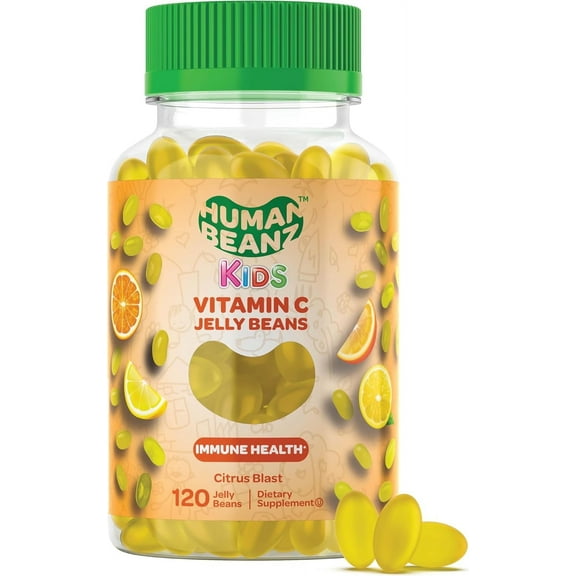 Human Beanz Kids Vitamin C Jelly Beans, Immune Support Gummies for Children, Vegetarian Vitamin C Supplement, Gluten-Free Non-GMO Kosher Halal, 120 Citrus Gummies