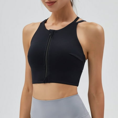 

DNAKEN Women Zipper Front Sports Bras Longline Fitness Crop Tops Tank Gym Yoga Workout Shirts
