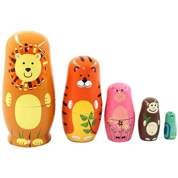 Zshan Russian Matryoshka Cartoon Wooden Animal Nesting Dolls Lion Tiger Pig Monkey Owl 5 Layers Russian Dolls Set