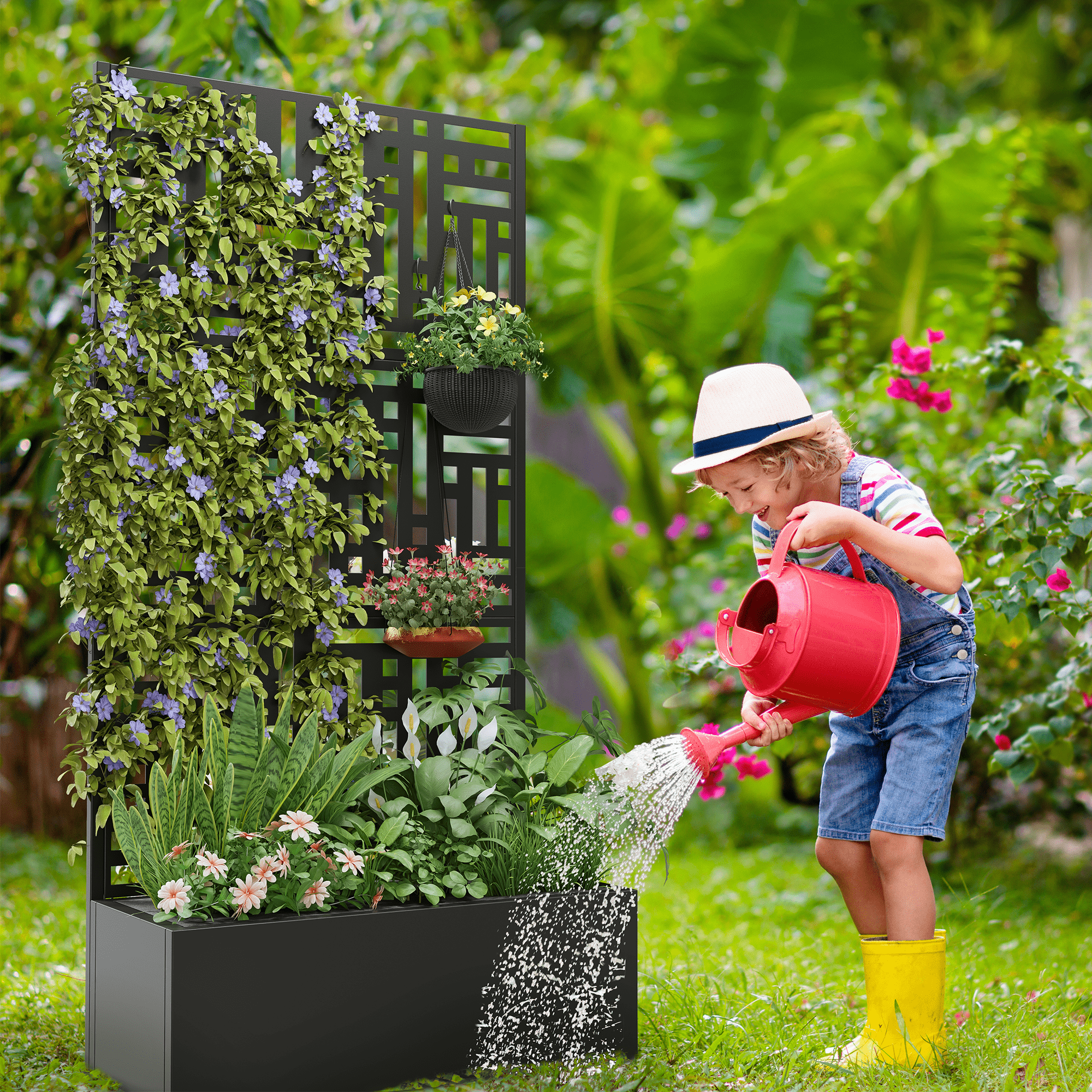 MAYEERTY 35*16*71" Black Metal Planter with Rect Climbing Trellis, Drainage hole & Wheels, Street Pattern