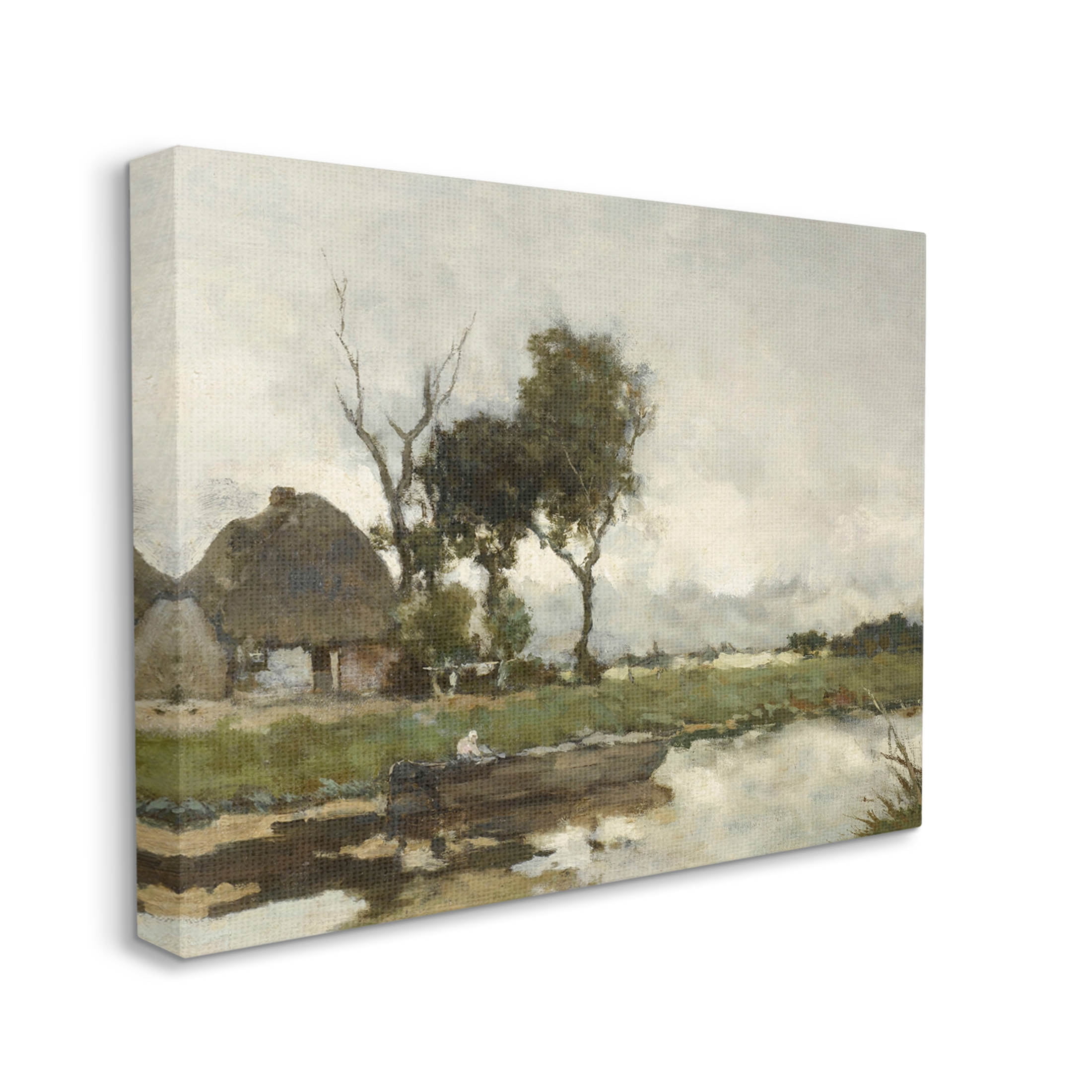 Boat on River Classic Scene Landscape Painting Gallery Wrapped Canvas Print Wall Art