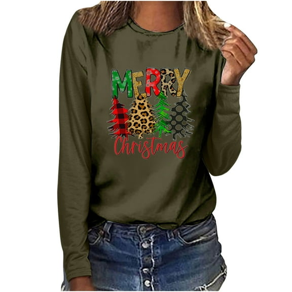 Odeerbi Christmas Tops For Women Long Sleeve Blouses MERRY CHRISTMAS Plaid Print 2025 Casual Round Neck T-shirt Olive Drab