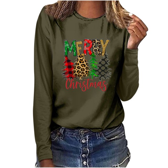 Tops Navideños Para Mujer, Blusas de Manga Larga, Camiseta Informal Con Cuello Redondo Y Estampado A Cuadros de Feliz Navidad Odeerbi ODB194196