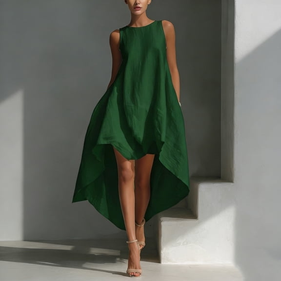 BRGZLK Women's Midi Dress Summer Loose Sleeveless Asymmetrical High Low Hem Flowy Sundress Solid Color Beach Vacation Tank Dresses Green XL