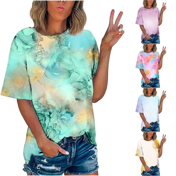 Fengqque Women's Plus Size Short Sleeve Round Neck Gradient Printed Loose Casual T-shirt Fashionable Daily Tops Yellow 10(XL)