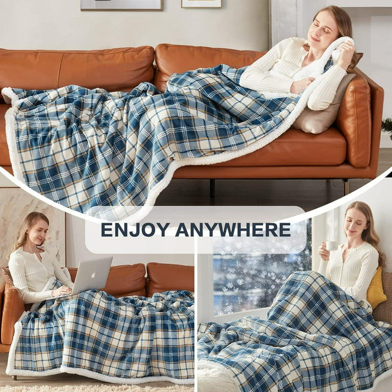 布団・毛布 New Low Low Flannel Sherpa Large Blanket Sherpa Throw Blanket Reversible Navy Blue Plaid Checkered Boho