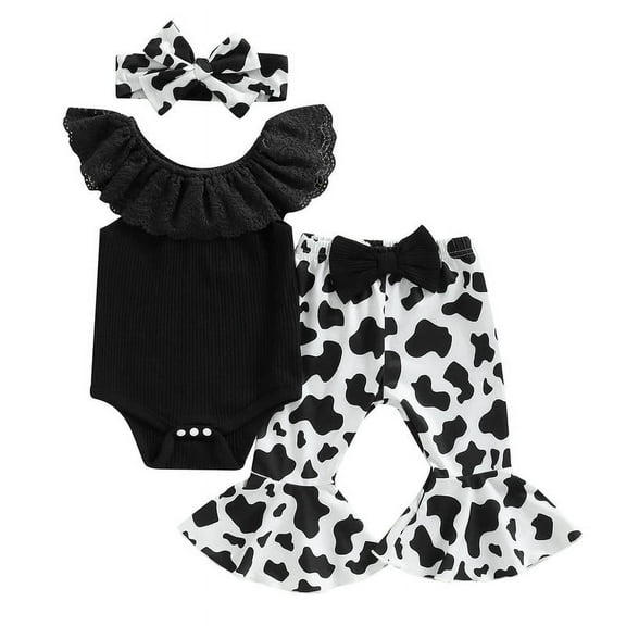 3PCS Baby Girl Sleeveless Lace solid color Tops   Cow Printed Flared Wide-Leg Pants   Headband Toddler Summer Outfits Set Clothes