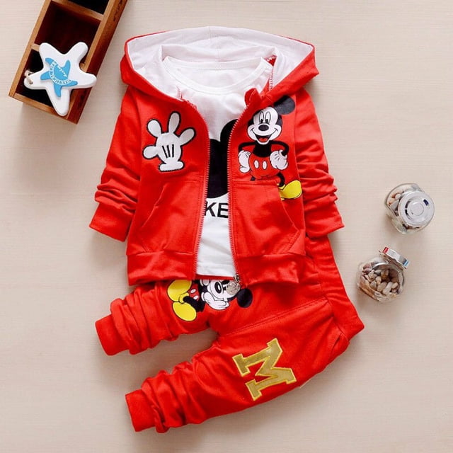 Nuevos productos de primavera y otoño, conjunto de ropa para niños, lindo abrigo con capucha de algodón de Mickey, camiseta y pantalones, conjunto de 3 uds, ropa deportiva informal para niños 18M Gao Jinjia LED