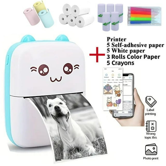 Mini Portable Bluetooth Thermal Printer, Mobile Photo Pocket Printer, Android/iOS Compatible, 13 Paper Rolls - Blue