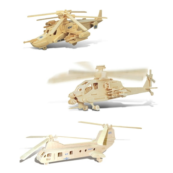Puzzled Bundle of Air-Force Choppers: Apache, Black Shark, Sea Knight Wooden 3D Puzzles Construction Kits, Educational DIY Helicopters Assemble Models Wood Craft Hobby To Build & Paint - 3 Pack