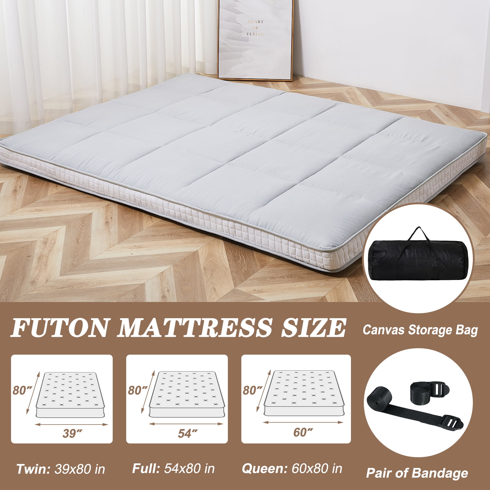 MOPHOTO Gray Floor Mattress with Storage Bag Japanese Futon Mattress Extra Thick Folding Sleeping Pad Futon Mattress Portable Camping Mattress, Queen