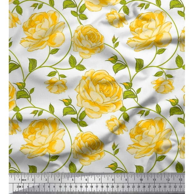Soimoi Rayon Fabric Leaves & Rose Floral Printed Fabric 1 Yard 42 Inch Wide