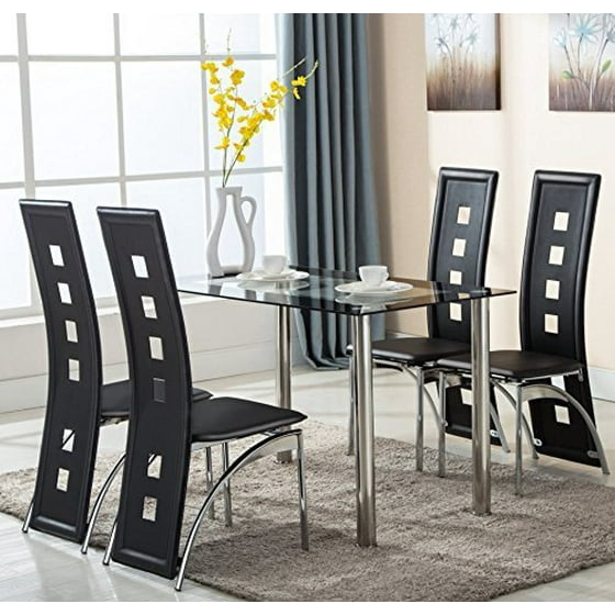 5 Piece Glass Dining Table Set  4 Leather Chairs Kitchen 