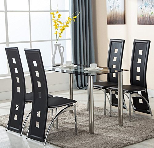 Mecor 5-Piece Dining Table Set Black Glasstop Kitchen Dinner Table Set with 4 Leather Chairs for Dinette Small Space