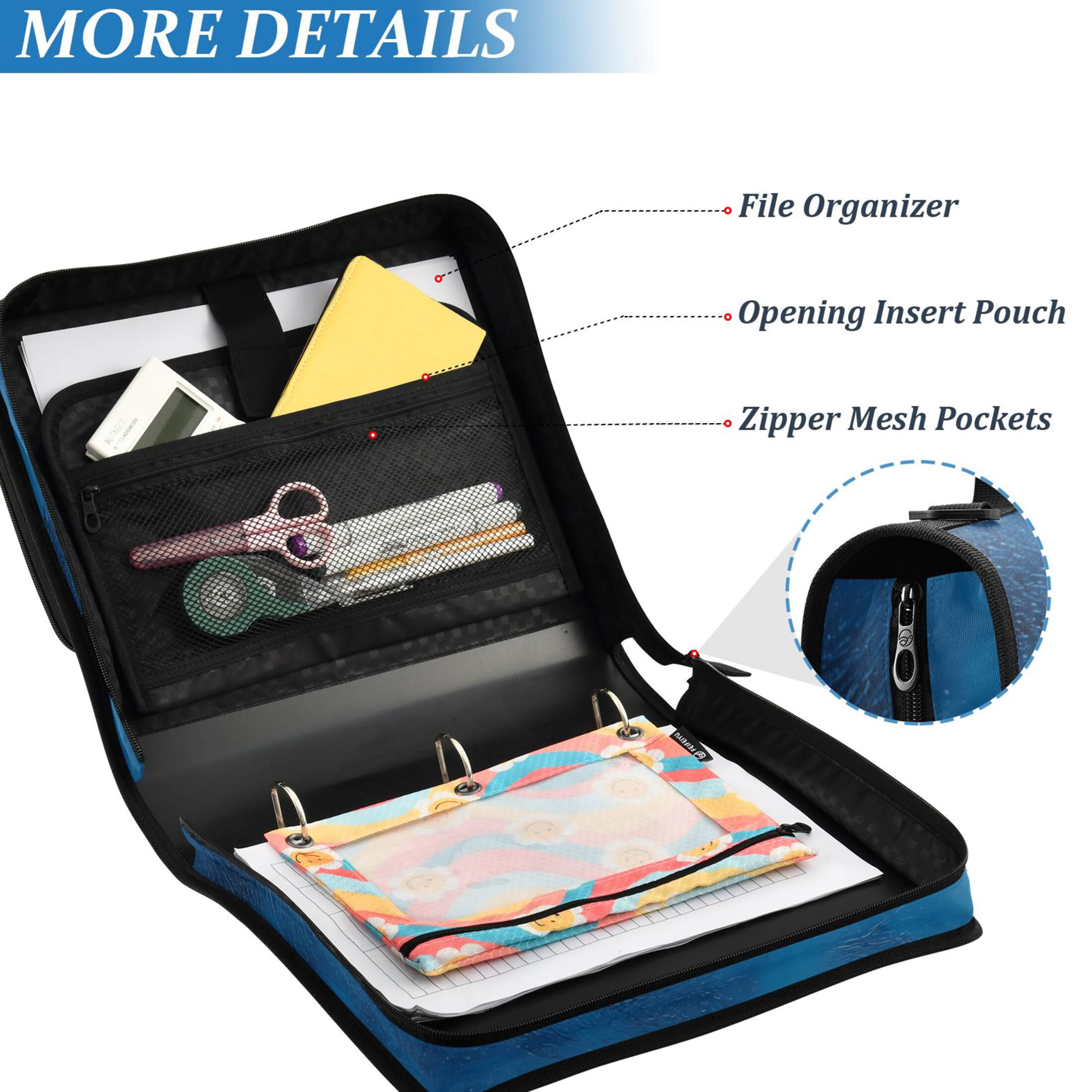 3 Ring Zipper Binder with Shoulder Strap Waterproof Trapper Keeper 2 Inch D-Ring 500 Sheets Capacity Blue Dreamy Fluffy Clouds