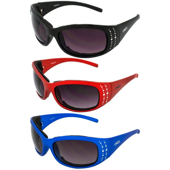 3 Pairs of Global Vision Marilyn-2 Plus Women's Motorcycle Sunglasses Bling Black Red & Blue Frames with Smoke Lenses