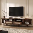 thumbnail image 3 of TV Stand for 65 Inch TV, Oval Media Console with 2 Rattan Drawers and 2 Sliding Doors, Walnut Color MDF Storage Cabinet Sideboard with Rounded Corners for Living Room (Walnut A), 3 of 18