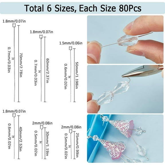 1box 480pcs 6 styles Brass Ball Head Pins for Jewelry Making Silver 25~70x0.5~0.7mm(21~24 Gauge) Head: 1.5~2mm 80pcs/style