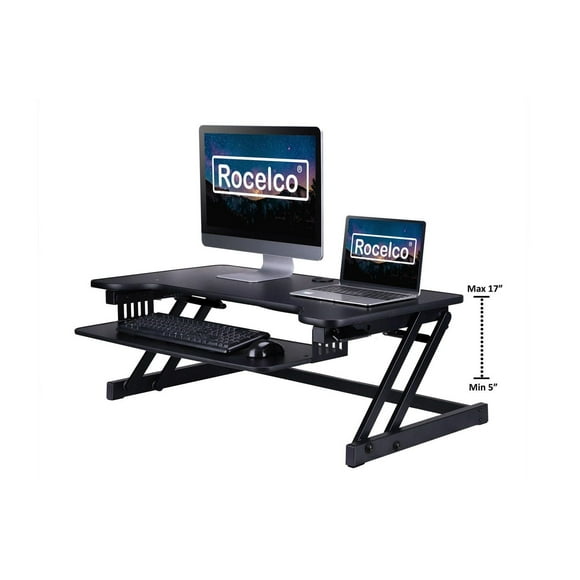 Rocelco 37.5" Deluxe Height Adjustable Standing Desk Converter - Quick Sit Stand Up Dual Monitor Riser - Gas Spring Assist Computer Workstation - Large Retractable Keyboard Tray (Black)
