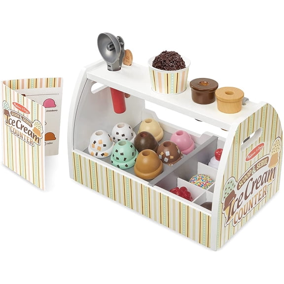Melissa & Doug Wooden Scoop and Serve Ice Cream Counter With Play Food and Accessories (28 Pcs)