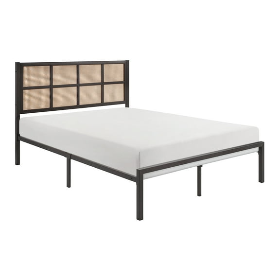 Annie King Platform Metal Bed, Brown Faux Cane Panel Headboard, Dark Bronze