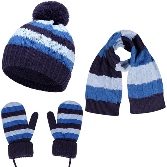 BFHHYA Kids' 3PC Warm Set Color-Block Fleece-Lined Beanie Hat Scarf & Gloves Gift Set for Boys & Girls for Outdoor Activities & School Runs(3-10Y)