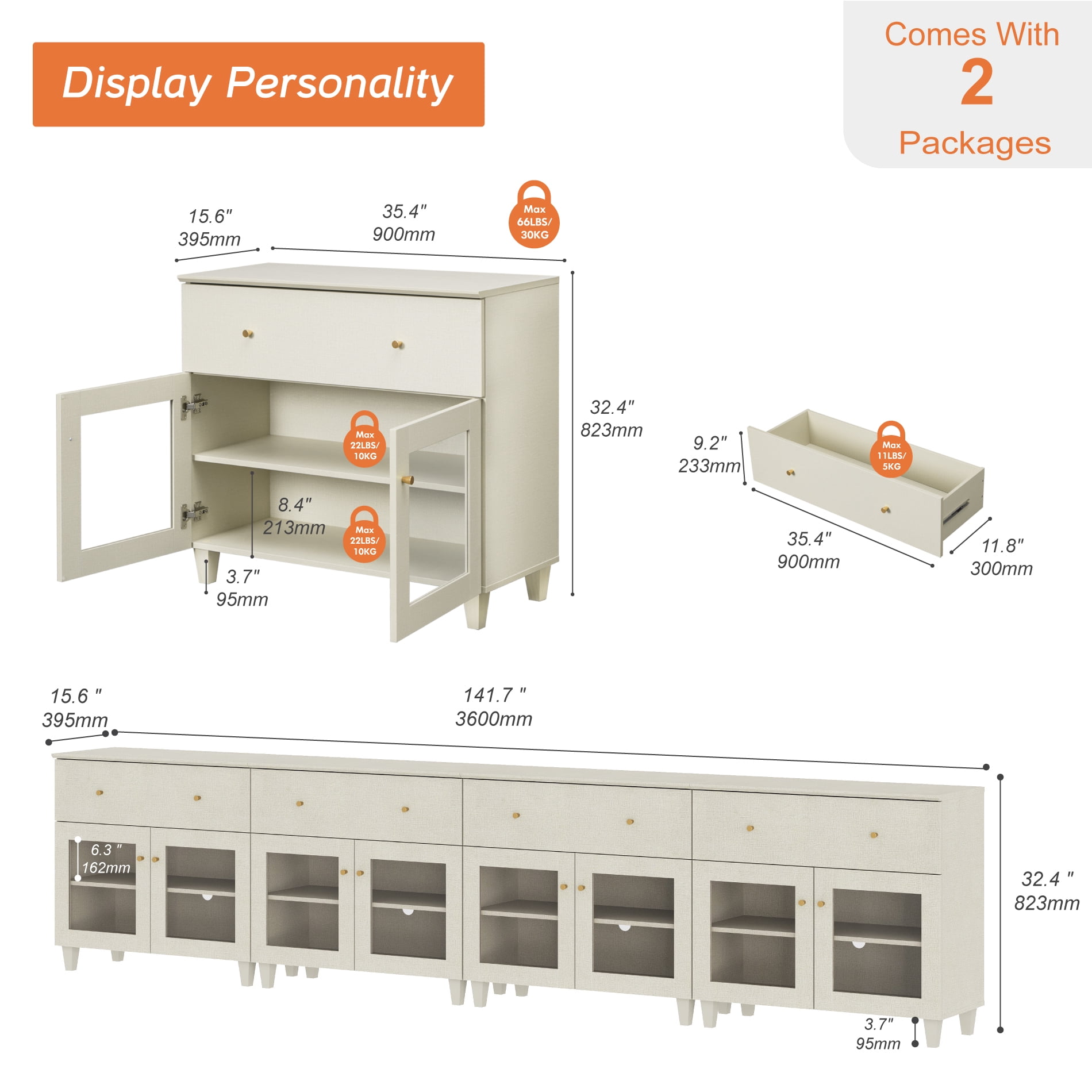 Modern Glass‑Door Dresser Cabinet, Bedroom Organizer – Wide Drawer, Fixed Shelf, Anti‑Tip, Beige, 142" W