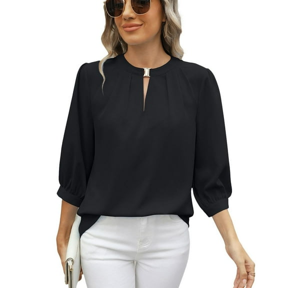 SWSMCLT Women's Puff Sleeve Top Summer Soft Casual Chiffon Half Sleeve Blouse High Neck Blouse 3/4 Sleeve Top Black X-Large