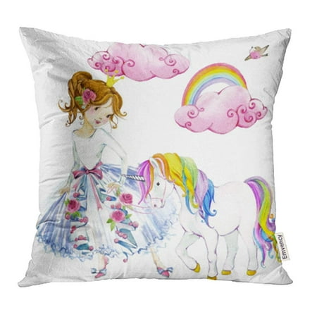 YWOTA Colorful Girl Princess Watercolor Unicorn Pink Cute Pony Dream Little Animal Pillow Cases Cushion Cover 18x18 inch