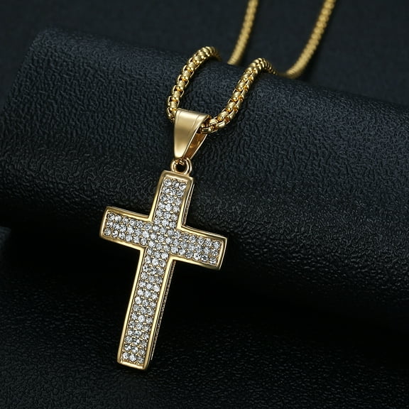 Trendy Cross Rhinestone 14K Yellow Gold Pendant Necklace For Women Men Golden Silver Color Religion Catholic Chain Jewelry Gifts