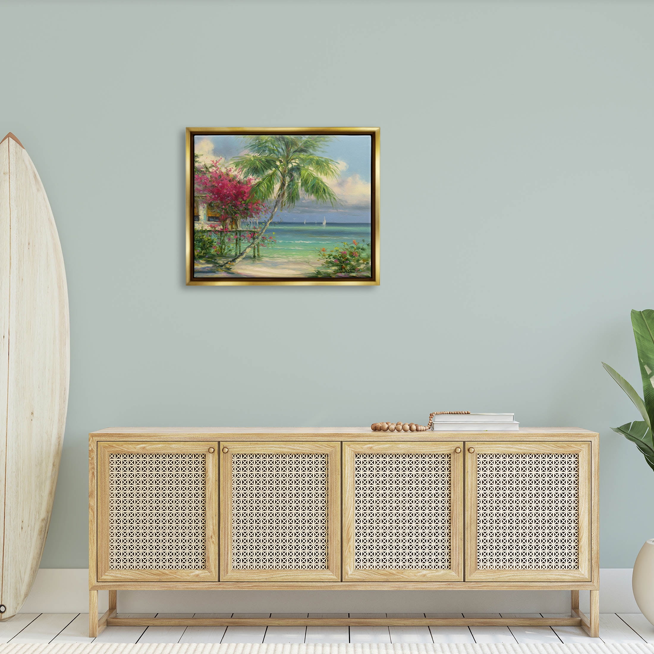 Floral Tropical Summer Vacation Resort Landscape Painting Metallic Gold Framed Art Print Wall Art