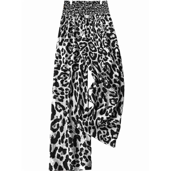 Women'S Leopard Print Wide Leg Pants Elastic Waist Casual Loose Fit Trousers Fashion Lounge Gray Leopard Print L