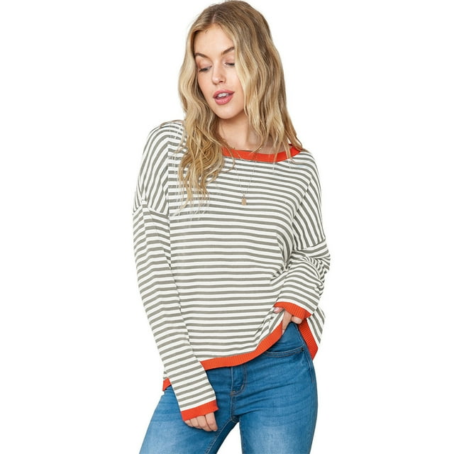 Zoeecloth T-Shirts Rayés pour Femmes Col Rond Manches Longues Hauts Tricotés Printemps Été Chandail S-TTG