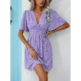 thumbnail image 5 of Women's Summer Dresses Boho Midi Sleeve Dress Floral Print V Neck A Line Pleated Casual Fit Elegant Vacation Sundress (Purple,Large), 5 of 6