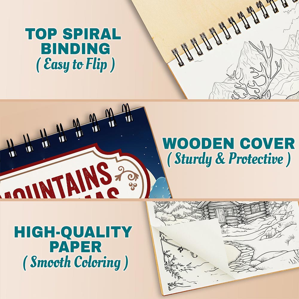Netecom Mountains Christmas Coloring Book Spiral Bound For Adults, A5 Wooden Cover, 30 Charming Coloring Pages of Wintery Mountains for Stress Relief and Relaxation