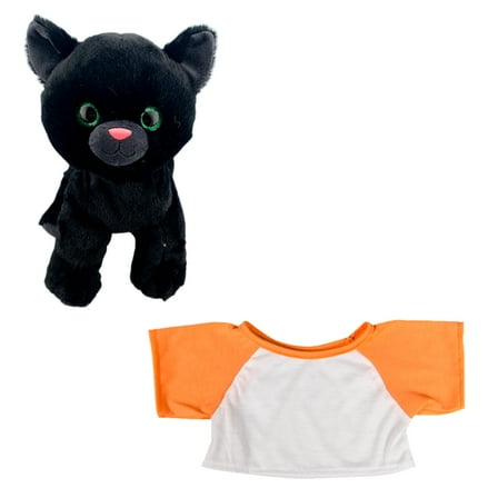 Halloween 16" Cinders the Cat Plush Toy with White Tee w/Orange Sleeves - Sparkly Green Eyes, Soft Charcoal Black Fur - Perfect Halloween Decor & Gift for Kids
