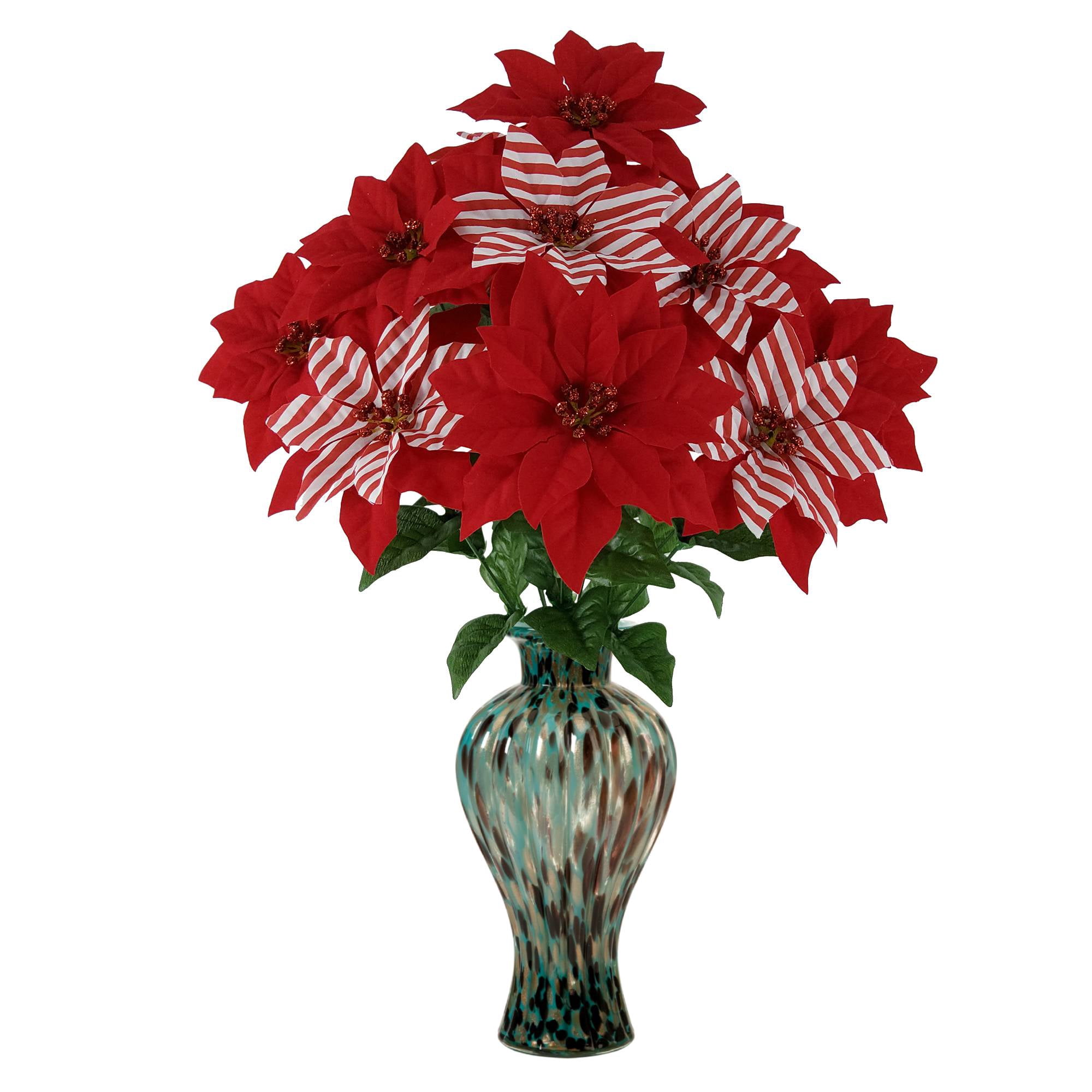 (2 pack) Mainstays 19 in Indoor Artificial Striped Poinsettia Bush, Red Color.
