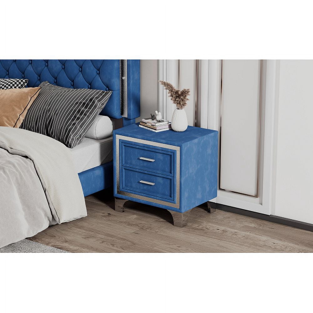 Nightstand with 2-Drawer, Mid-Century Bedside Table with Metal Legs, Velvet Bedside Table for Living Room, Bedroom, Blue