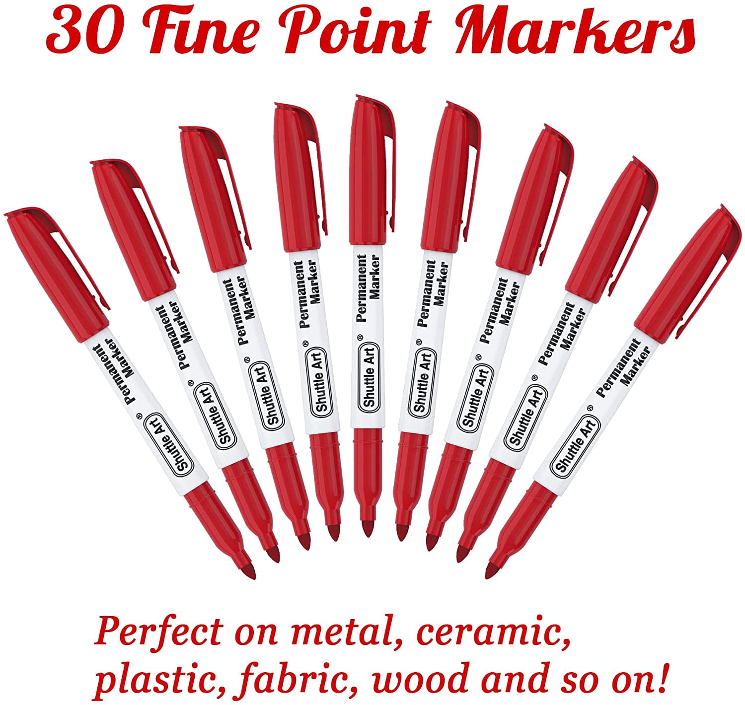 Permanent Markers,Shuttle Art 30 Pack Red Permanent Marker set,Fine Point, Works on Plastic,Wood,Stone,Metal and Glass for Doodling, Marking