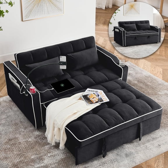 Convertible Sofa Bed, Sleeper Sofa with Side Pocket, Adjustable Backrest, Living Room Sofa with Phone Holder, Pull Out Couch, Loveseat with Cup Holder and USB Interface (Velvet, Black)